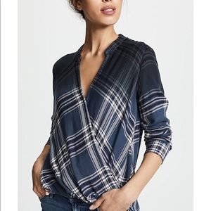 Splendid navy plaid top S Hyperion plaid surplice top NWT